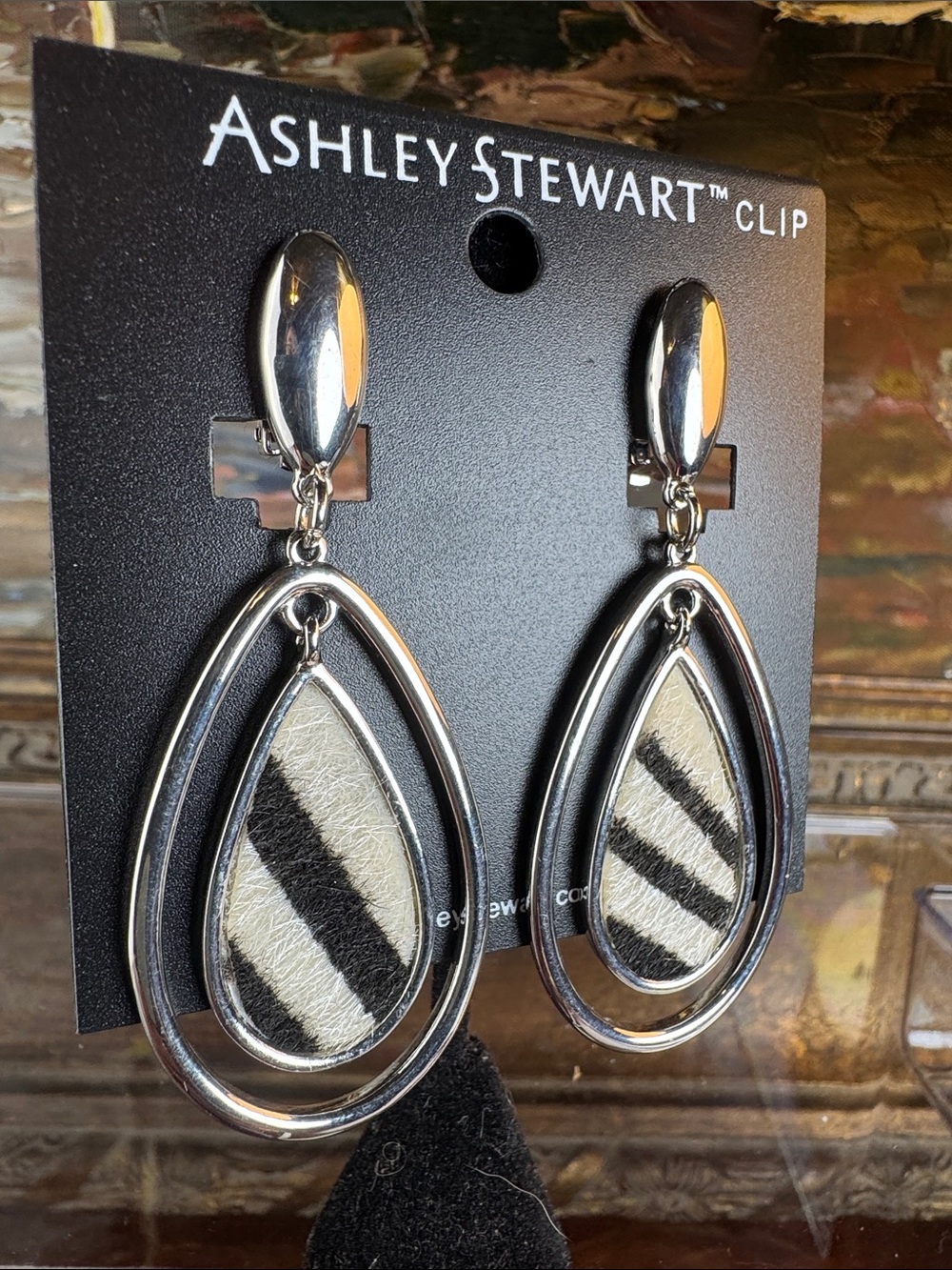 0717-Ashley Stewart Silver Zebra-Print Teardrop Clip-On Earrings